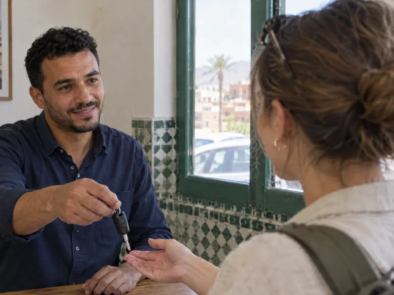 Un agent remet les clés d'une voiture à une voyageuse, au comptoir d'une petite agence de location