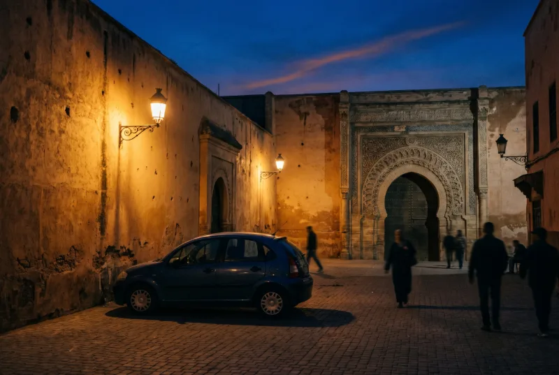 Une rue de Marrakech le soir, le long des remparts de la médina