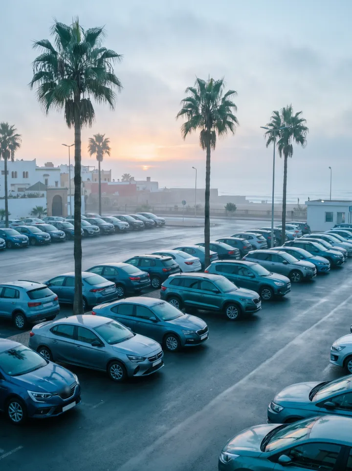 Un parc de location calme à l'aube à Rabat, avec des palmiers et la mer